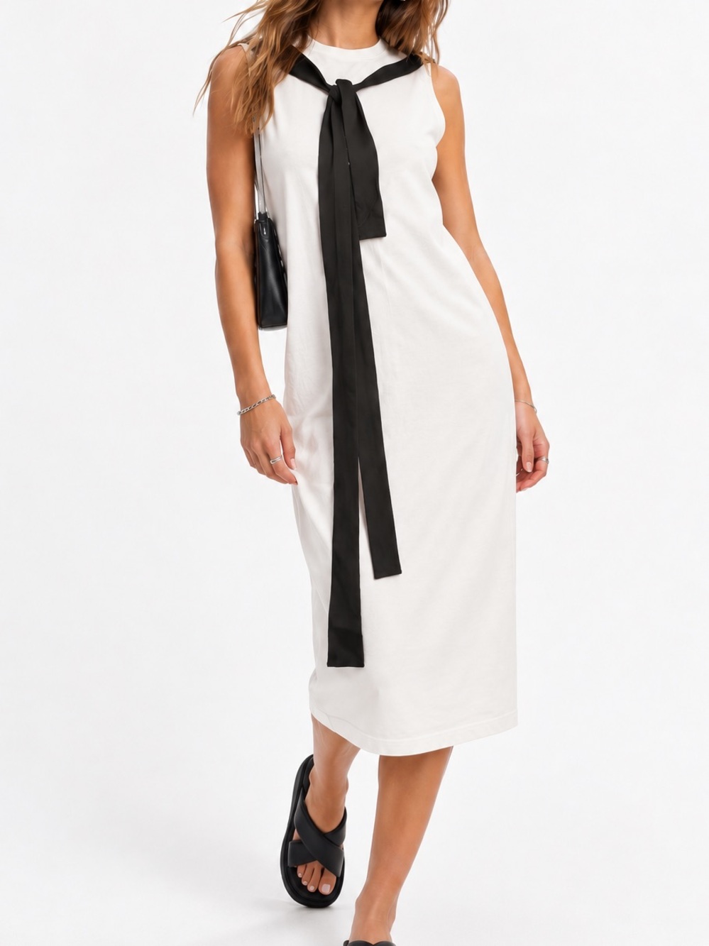 Noisy May Sleeveless White Midi Tank Dress with Black Tie Accent